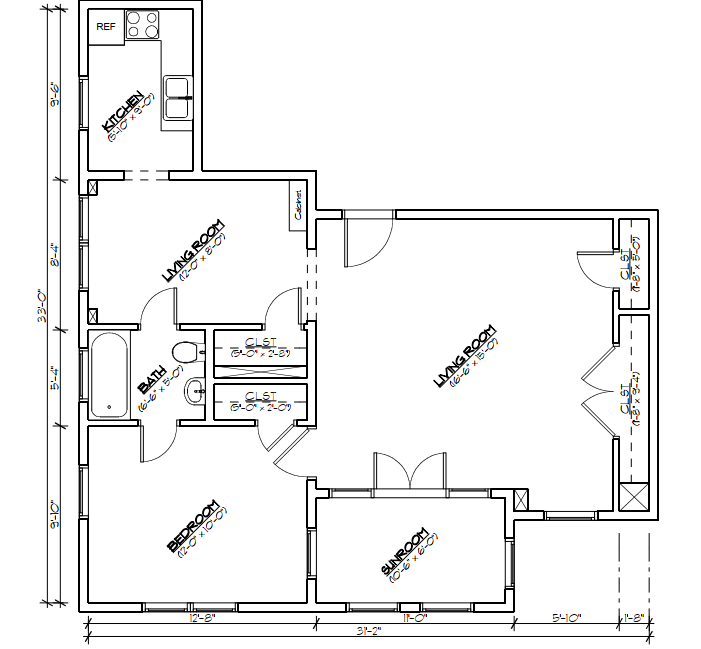 Floor plan for 1 bed, 1 bath, 703 sqft